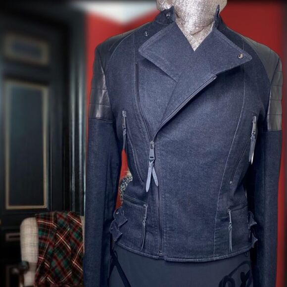 Ralph Lauren Italian Lamb Leather Patch Stretch Denim Moto Jacket - Picture 9 of 16